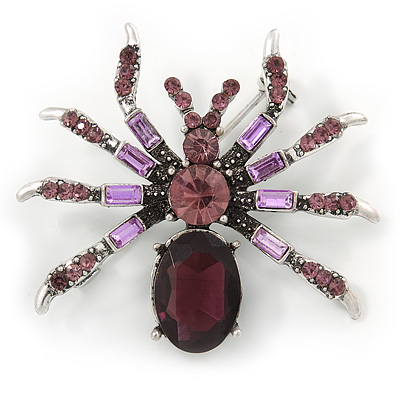 Vintage Inspired Purple/ Violet Crystal Spider Brooch In Antique Silver Tone - 40mm Across