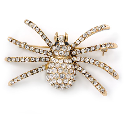 Vintage Inspired Clear Crystal Spider Brooch In Gold Tone - 55mm Across