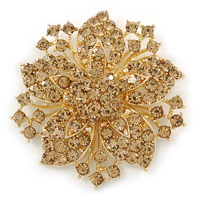 Victorian Style Corsage Flower Brooch In Gold Tone & Champagne Coloured Crystals - 55mm Across
