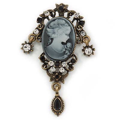 Vintage Inspired Classic Cameo with Charms Brooch In Bronze Tone - 60mm Across - main view