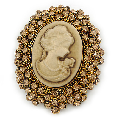 Vintage Inspired Champagne Crystal Cameo In Bronze Tone Metal - 50mm L - main view