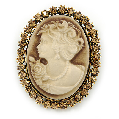 Vintage Inspired Champagne Crystal Cameo In Antique Gold Metal - 48mm L - main view