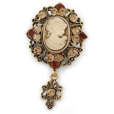 Vintage Inspired Amber/ Champagne Crystal Cameo with Charm Brooch In Bronze Tone - 65mm L - main view