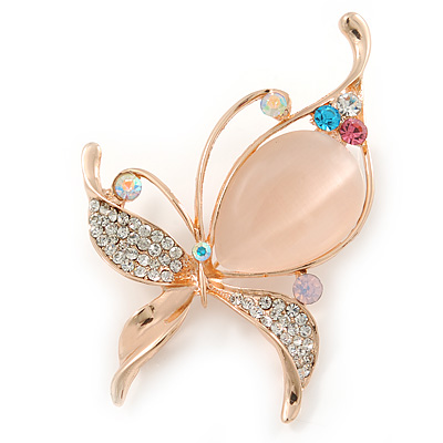 Clear Crystal with Cat Eye Stone Butterfly Brooch In Gold Tone - 60mm Across - main view
