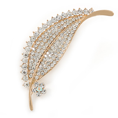 Clear Crystal Pave Set Leaf Brooch In Gold Tone - 75mm L