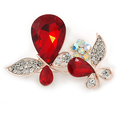 Clear Crystal, Ruby Red Glass Stone Double Butterfly Brooch In Gold Plating - 50mm Across