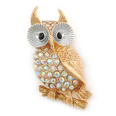 Gold Plated, White Enamel, Clear/ AB Crystal Owl Brooch - 45mm L