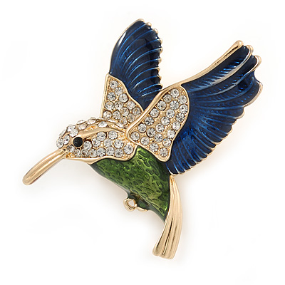Multicoloured Crystal Hummingbird Brooch In Gold Plated Metal - 40mm