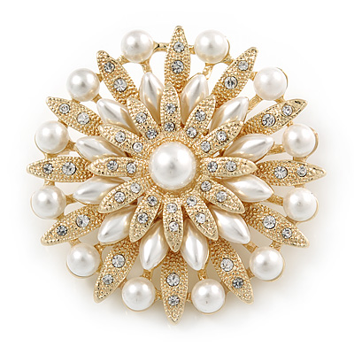 Bridal Vintage Inspired White Simulated Pearl, Austrian Crystal Layered Floral Brooch In Gold Tone - 50mm D - main view