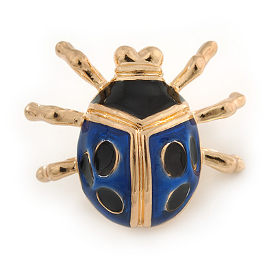 Black/ Dark Blue Enamel Lady Bug Brooch In Gold Plated Metal - 30mm L