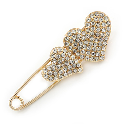Gold Plated, Clear Crystal Double Heart Safety Pin Brooch - 70mm L - main view
