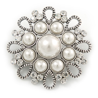 Vintage Inspired Bridal/ Wedding/ Prom Glass Pearl, Clear Crystal Flower Brooch In Silver Tone - 50mm D
