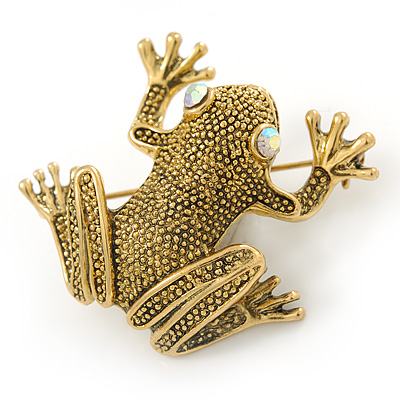 Antique Gold Textured Frog Brooch - 40mm