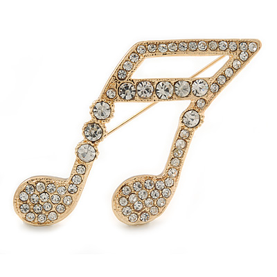Large Gold Plated Pave Set Clear Crystal Musical Note Brooch - 50mm L