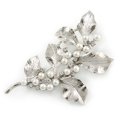 Large Rhodium Plated Crystal Simulated Pearl Floral Brooch - 85mm L - main view