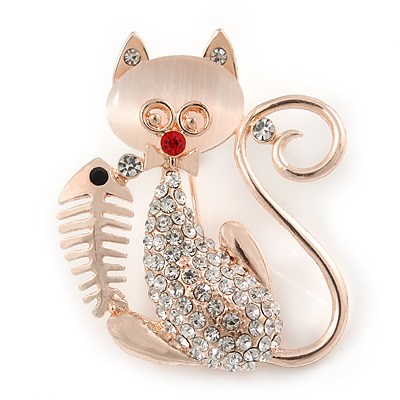 Crystal Cat with Fish Skeleton Brooch In Gold Plating - 45mm L