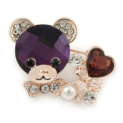 Purple/ Clear Crystal Bear with Heart Brooch In Gold Plating - 40mm W