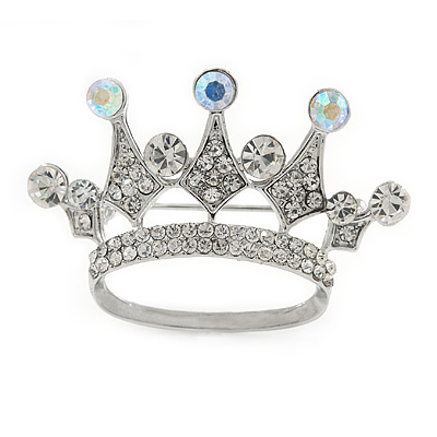 Clear/ AB Crystal Crown Brooch In Silver Tone Metal - 45mm - main view