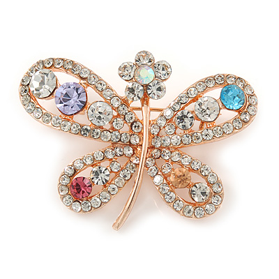 Multicoloured Crystal Butterfly Brooch In Rose Gold Tone - 40mm W