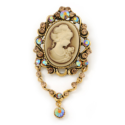Vintage Inspired Champagne/ AB Crystal Cameo with Charm Brooch/ Pendant In Antique Gold Tone - 75mm L - main view