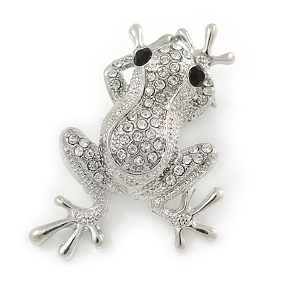 Silver Plated Clear/ Black Crystal Frog Brooch - 50mm L