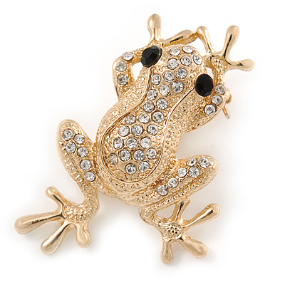 Gold Plated Clear/ Black Crystal Frog Brooch - 50mm L