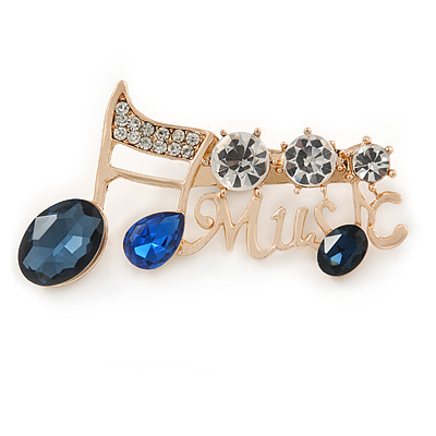 Gold Plated Clear/ Blue Crystal 'Music' Brooch - 55mm W
