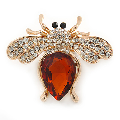 Clear Crystal, Topaz Glass Stone Bee Brooch In Gold Plated Metal - 40mm L