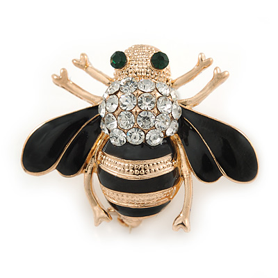 Small Black Enamel, Clear Crystal Bee Brooch In Gold Plating - 30mm