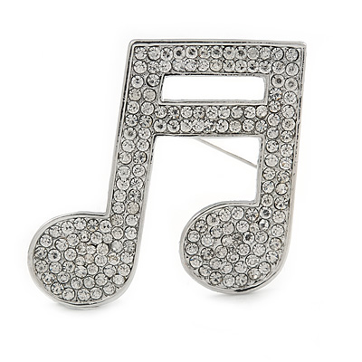 Silver Plated Pave Set Clear Crystal Musical Note Brooch - 35mm