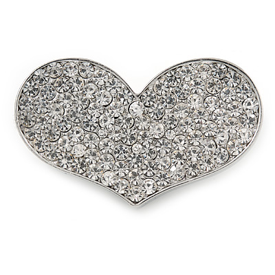 Silver Plated Pave Set Clear Crystal Heart Brooch - 47mm