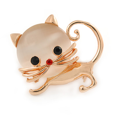 Cute Kitten Brooch In Gold Tone Metal - 35mm