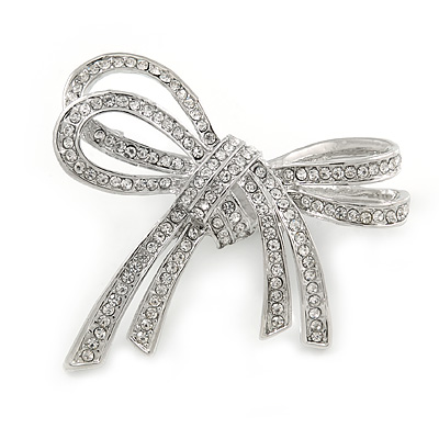 Double Bow Clear Crystal Brooch In Rhodium Plating - 55mm W