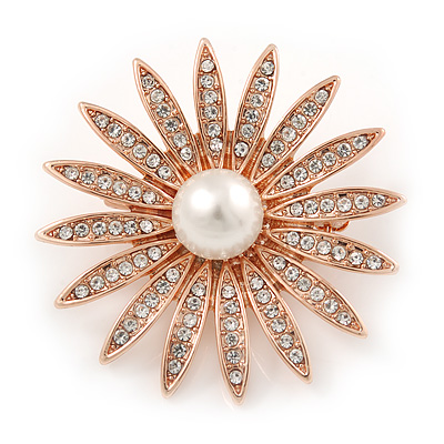 Clear Crystal Glass Pearl Flower Brooch In Rose Gold Tone Metal - 40mm D