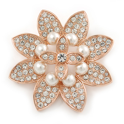 Bridal Crystal, Glass Pearl Flower Brooch In Rose Gold Tone - 55mm D