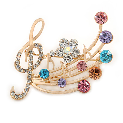 Gold Plated Multicoloured Crystal Musical Notes Brooch - 45mm L