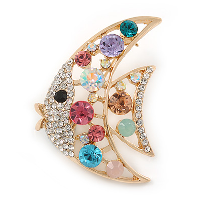 Multicoloured Crystal Fish Brooch In Gold Tone Metal - 45mm L - main view