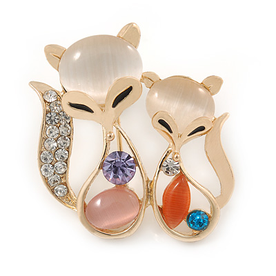 Gold Plated Crystal Two Fox Brooch - 30mm
