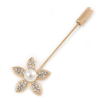 Gold Tone Clear Crystal White Pearl Daisy Flower Lapel, Hat, Suit, Tuxedo, Collar, Scarf, Coat Stick Brooch Pin - 55mm L