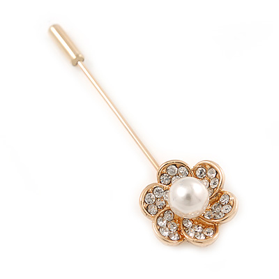 Gold Tone Clear Crystal White Pearl Flower Lapel, Hat, Suit, Tuxedo, Collar, Scarf, Coat Stick Brooch Pin - 55mm L