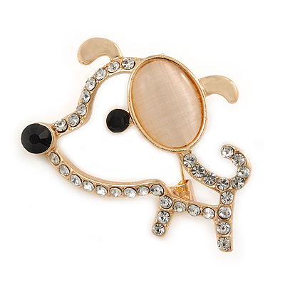 Gold Plated Crystal Puppy Brooch - 38mm L