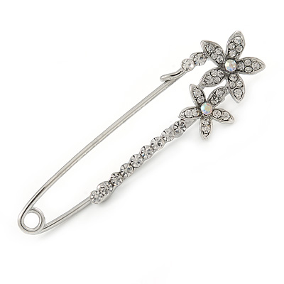 Medium Clear Crystal Double Flower Safety Pin In Silver Tone - 65mm L