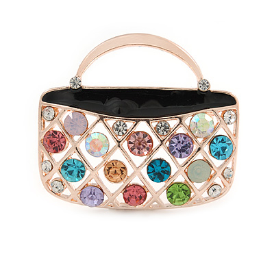 Multicoloured Crystal Bag Brooch In Gold Plated Metal - 37mm L