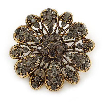 Vintage Inspired Grey Coloured Austrian Crystal Floral Brooch In Antique Gold Tone - 43mm D - main view