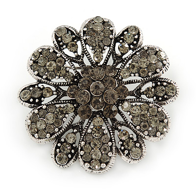 Vintage Inspired Grey Coloured Austrian Crystal Floral Brooch In Antique Silver Tone - 43mm D - main view