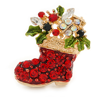 Crystal Christmas Stocking Brooch In Gold Plated Metal - 37mm L