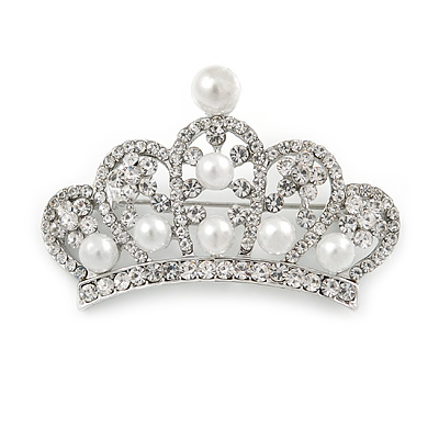 Silver Plated Clear Crystal, White Glass Pearl Crown Brooch - 55mm