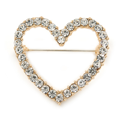 Gold Plated Clear Crystal Open Heart Brooch - 40mm