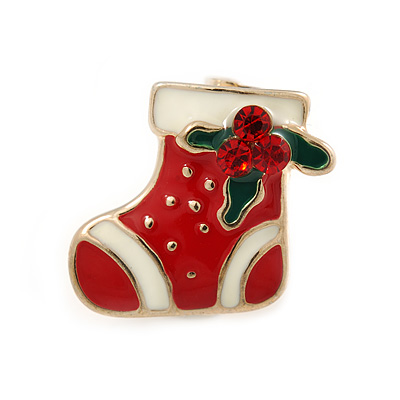 Tiny Crystal White/ Red Enamel Christmas Stocking Brooch In Gold Plated Metal - 15mm L
