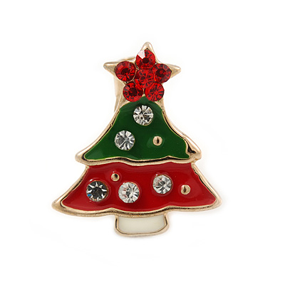Tiny Green/ Red Enamel, Crystal Christmas Tree Pin Brooch In Gold Tone - 17mm L